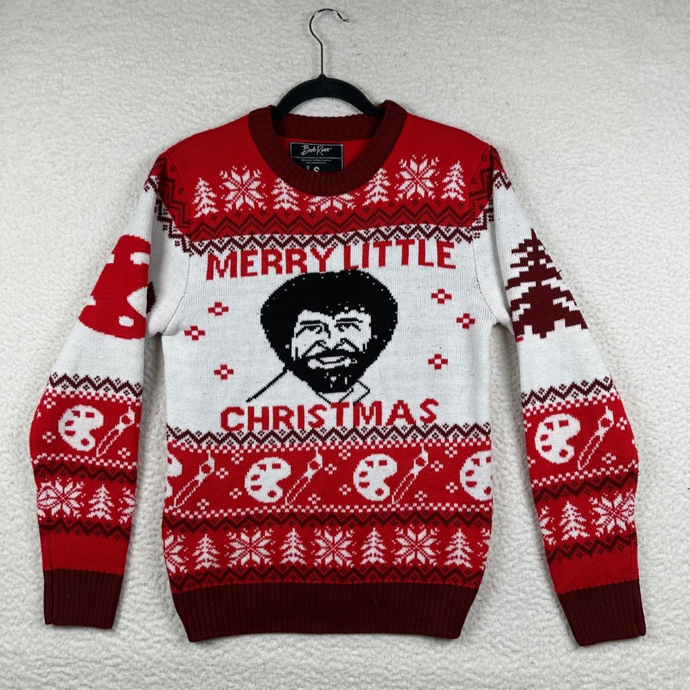 Bob Ross Christmas Ugly Sweater Mens Merry Little Christmas Knit S Holiday Party